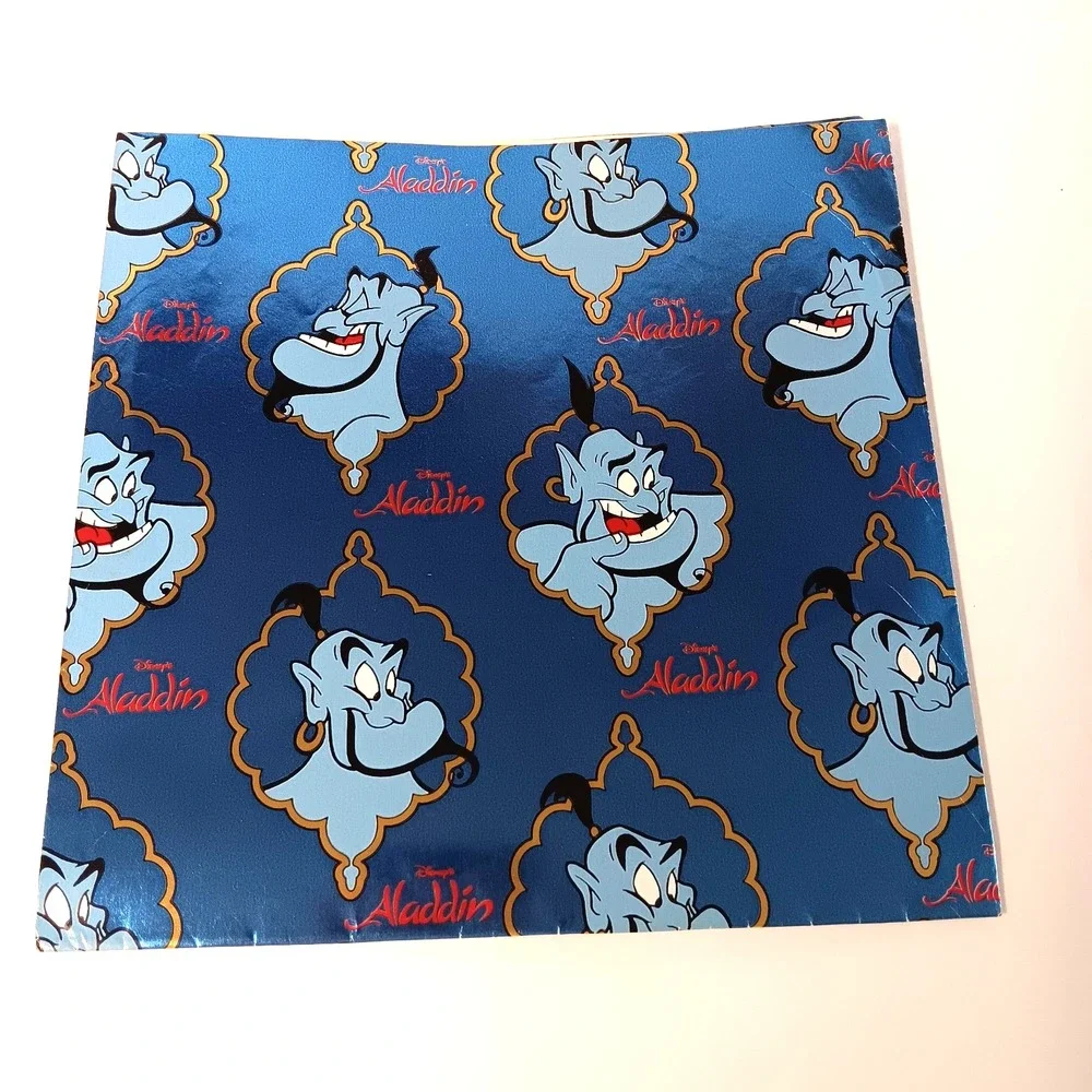 Contempo Disney Aladdin Genie Gift Wrap Paper 20x30 Blue Metallic Vintage 90s